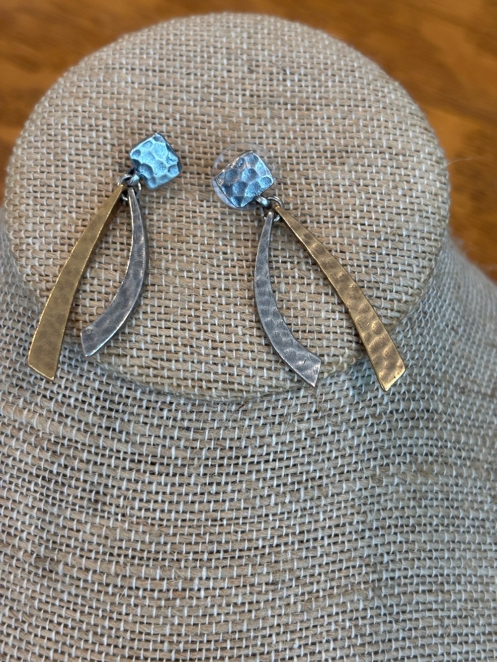 Hammered Two-Tone Drop Earrings - Silver & Gold